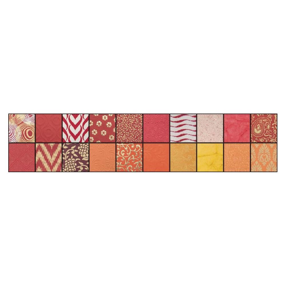 Zwei Reihen von Mustern: Rot/goldene Designs, rote und orangefarbene Quadrate.