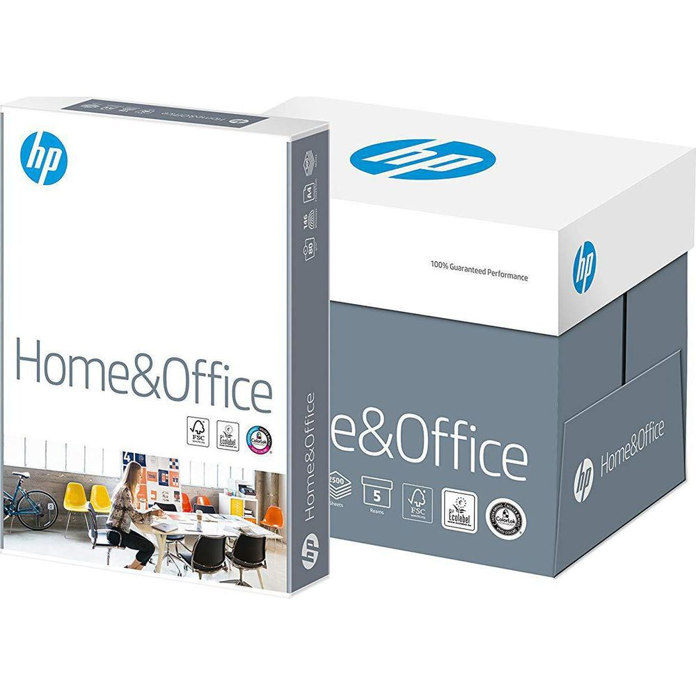 HP Home&Office Papierkartons mit HP-Logo. Einer steht aufrecht, der andere liegt.
