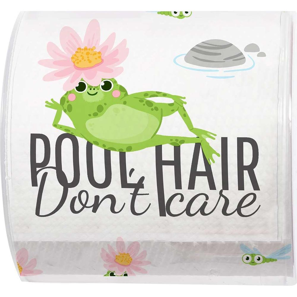 Grüner Frosch mit Blume auf Kopf, Schriftzug "Pool Hair Don't Care".