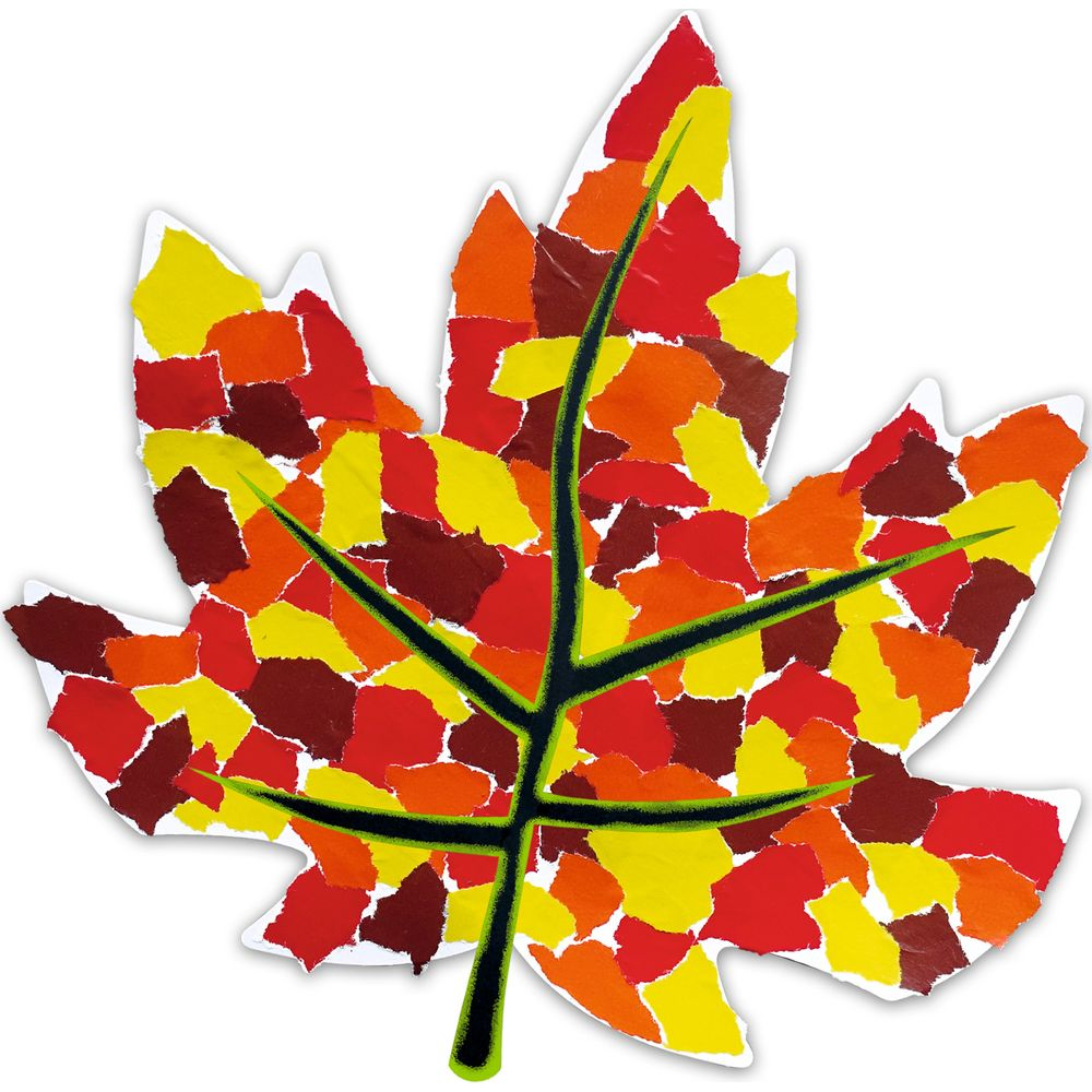 Ein Herbstblatt-Mosaik aus zerrissenem Papier in Rot-, Orange- und Gelbtönen.