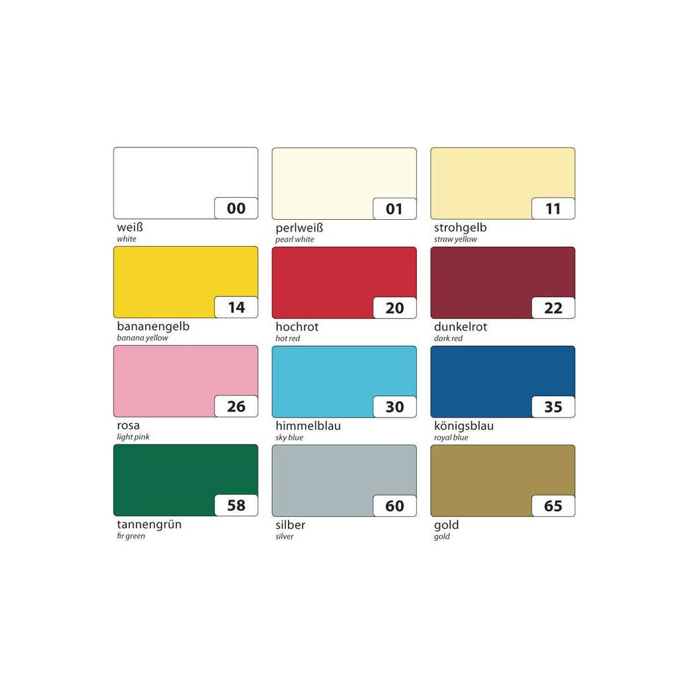 Cartella colori con 9 quadrati: Bianco, Bianco perla, Giallo paglierino, Giallo banana, Rosso, Rosso scuro, Rosa, Azzurro, Blu reale, Verde abete, Argento, Oro.