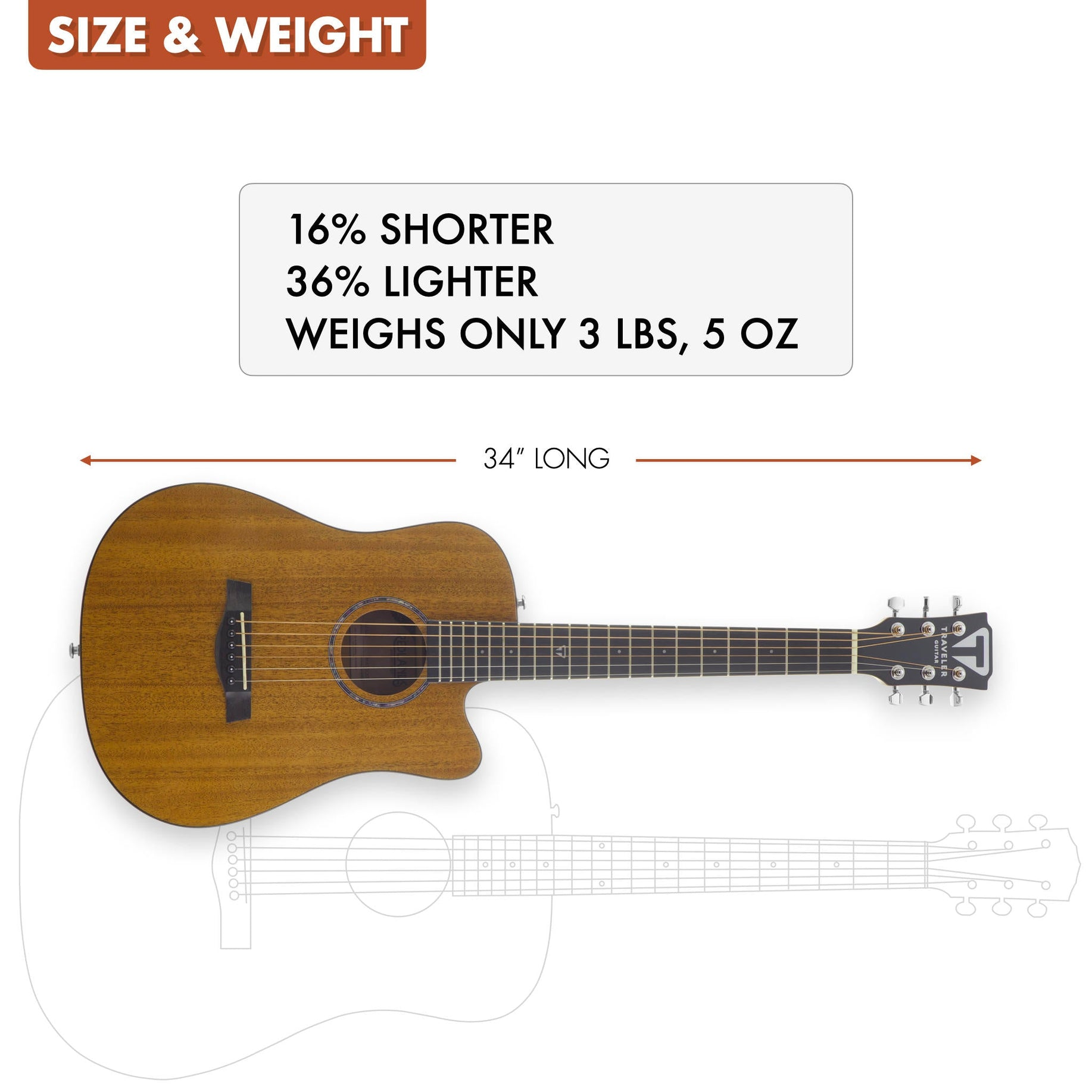 Kahverengi akustik gitar, 34 inç uzunluğunda, ağırlığı 3 lbs 5 oz.