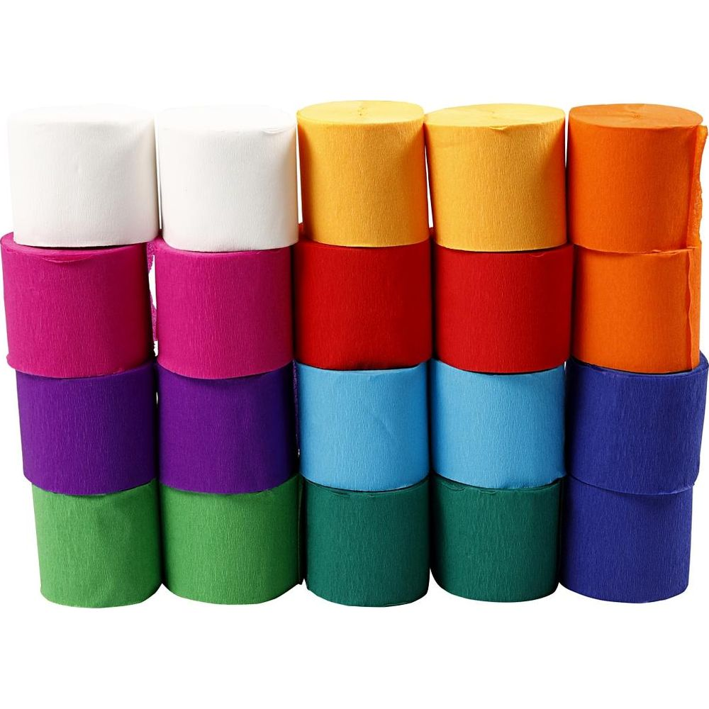 Piles de rouleaux de crêpe colorés : blanc, rose, violet, vert, jaune, rouge, bleu, orange.