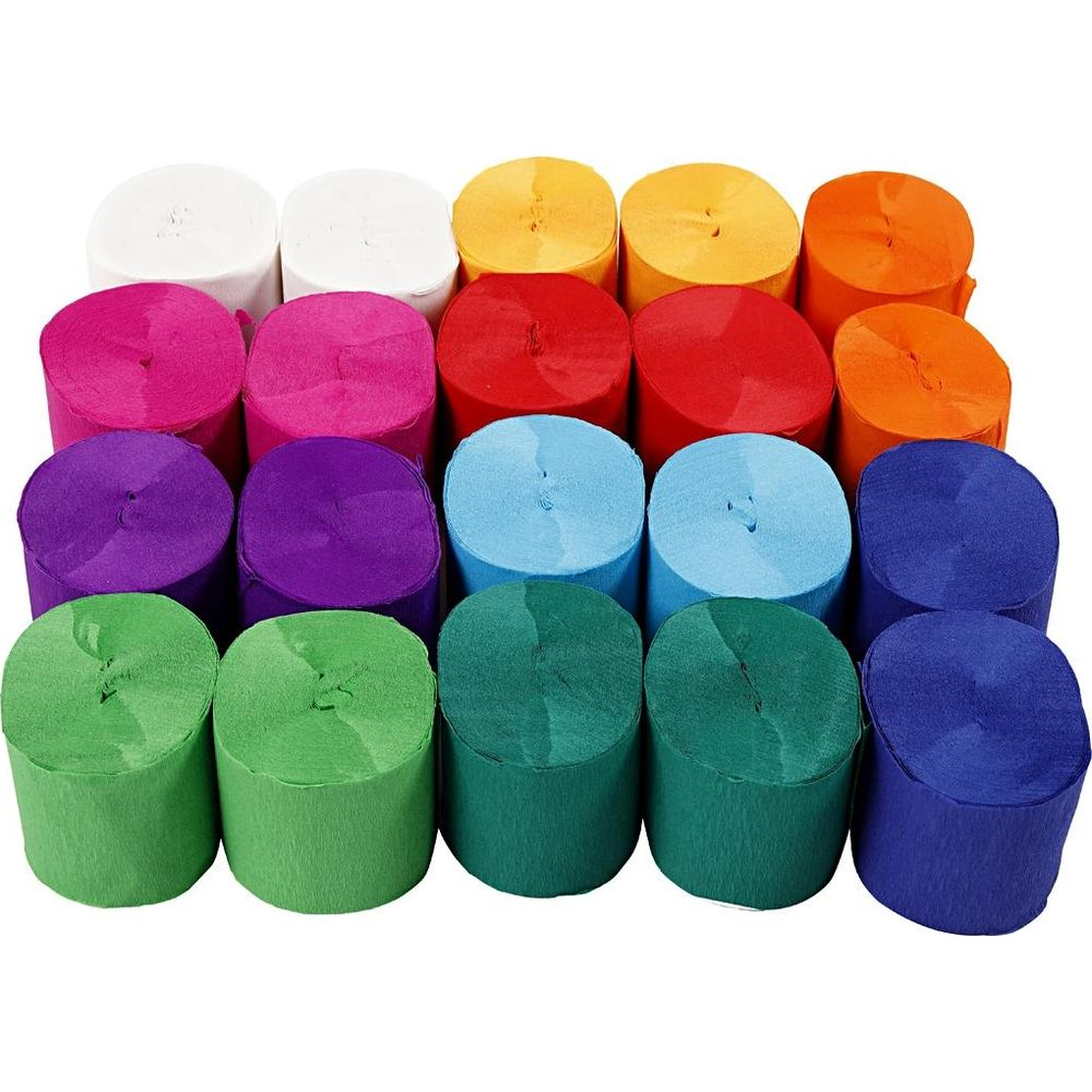 Plusieurs rouleaux de papier crêpé de différentes couleurs : blanc, jaune, orange, rose, rouge, violet, bleu et vert.