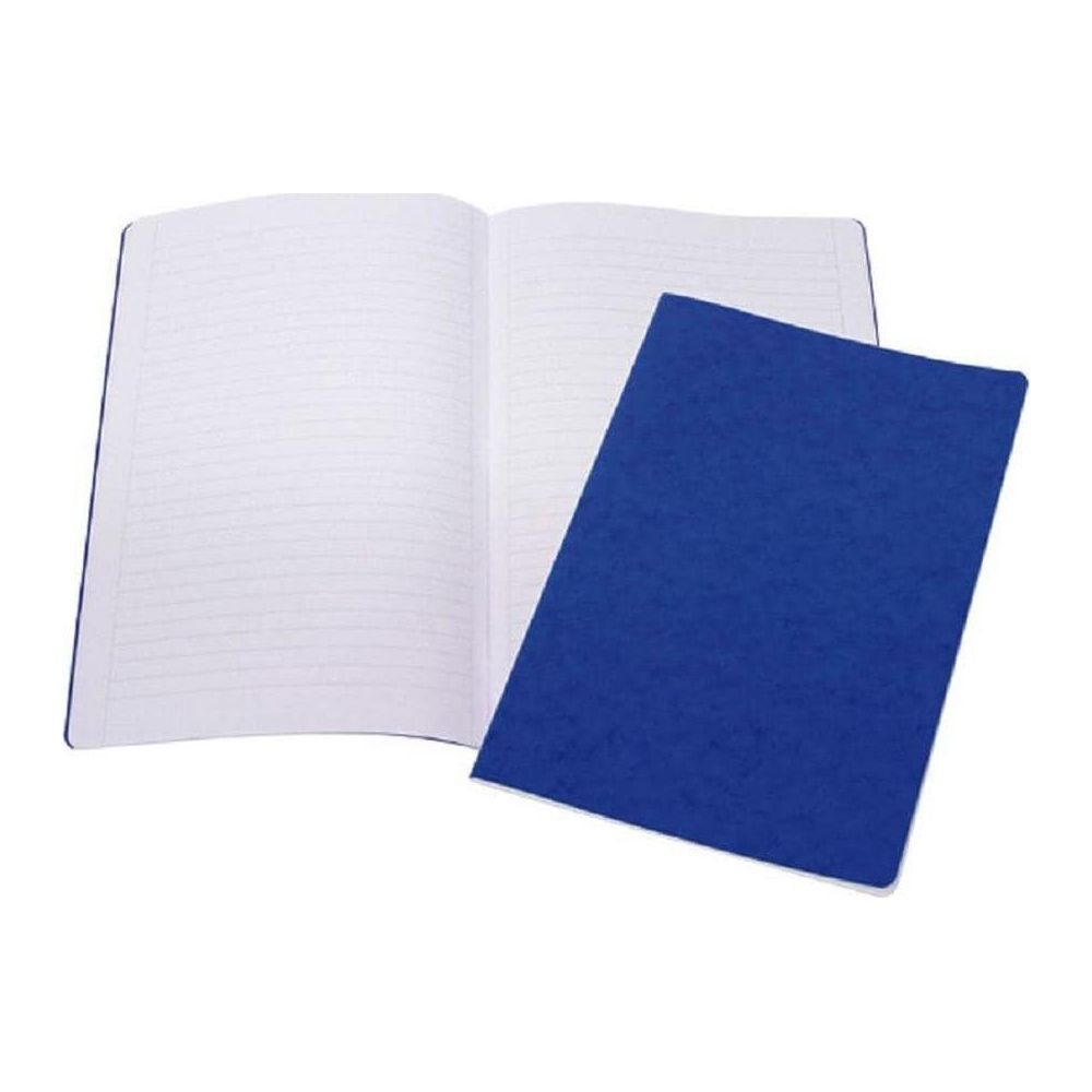 Un cahier bleu ouvert avec des pages lignées et un cahier bleu fermé à côté.