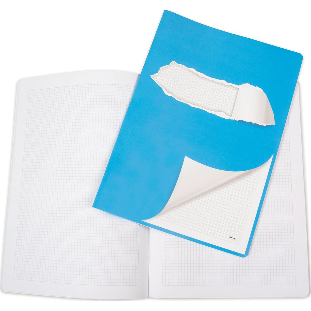 Ein offenes Notizbuch mit karierten Seiten und einer blauen Hülle mit Riss.