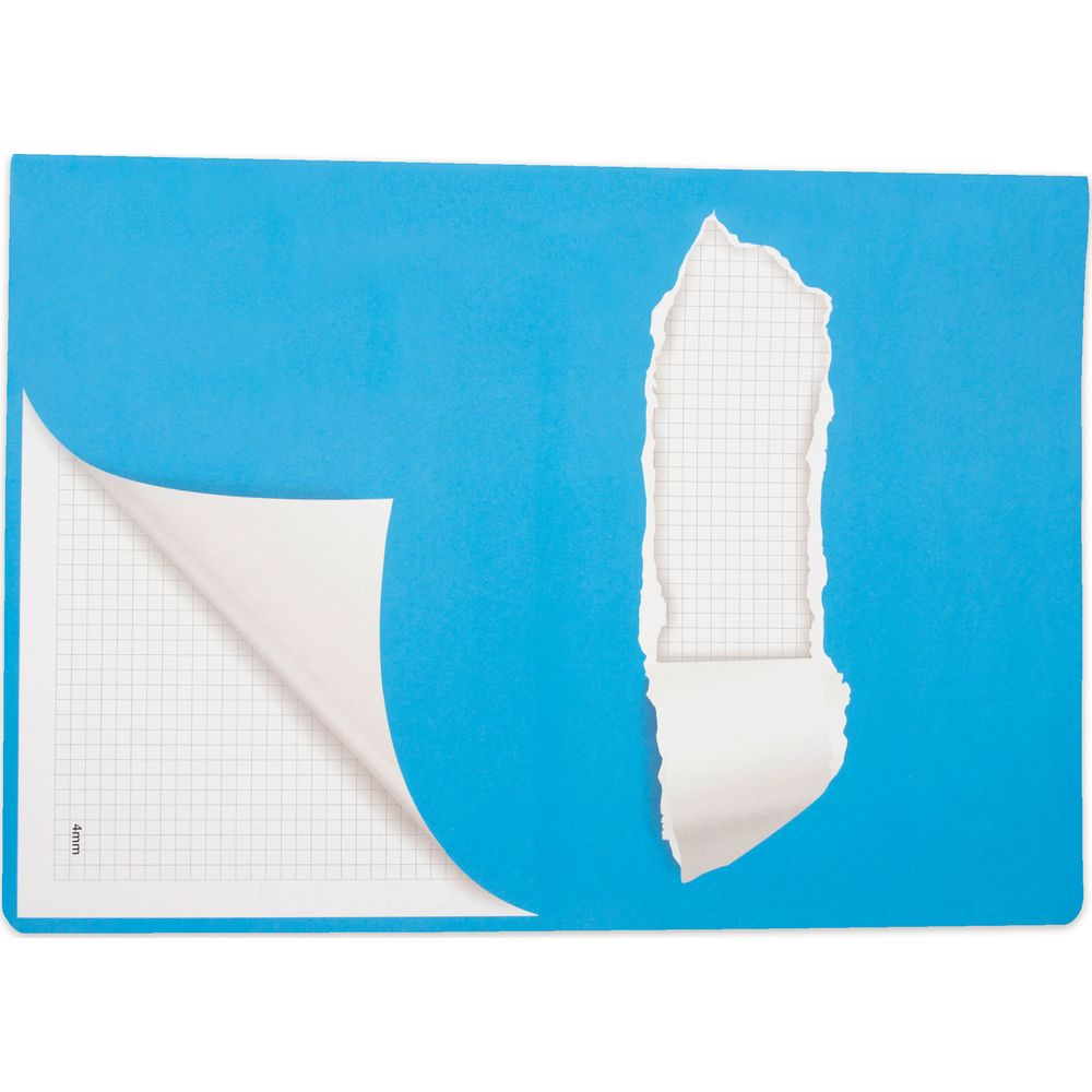 Blauer Umschlag mit zerrissenem Zentrum und kariertem Papier darunter.