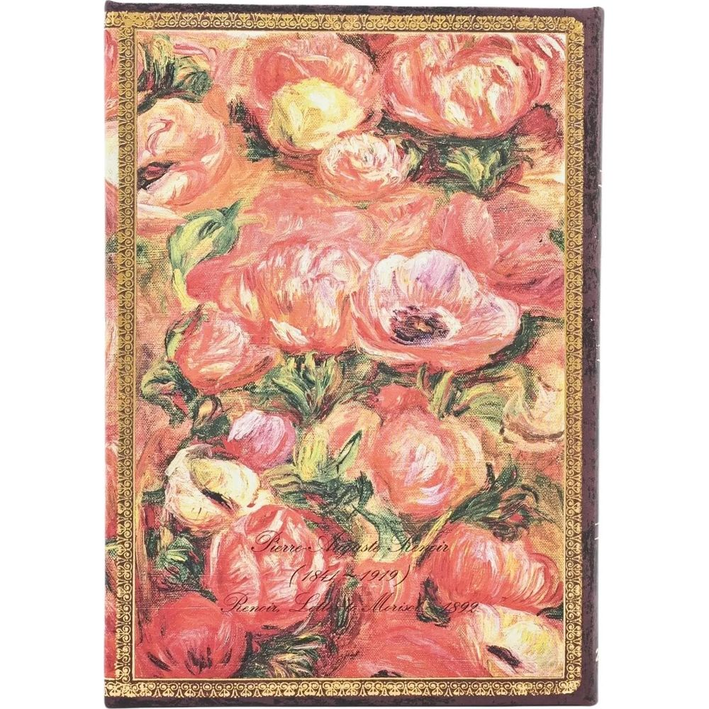 Ein Gemälde von rosa und orangefarbenen Blumen mit grünen Blättern, gerahmt von Gold. Text im Vordergrund.