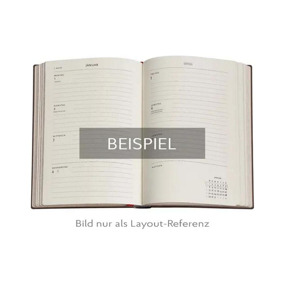 Ein offenes Notizbuch mit Kalenderseiten für Januar. Die Seiten sind leer.