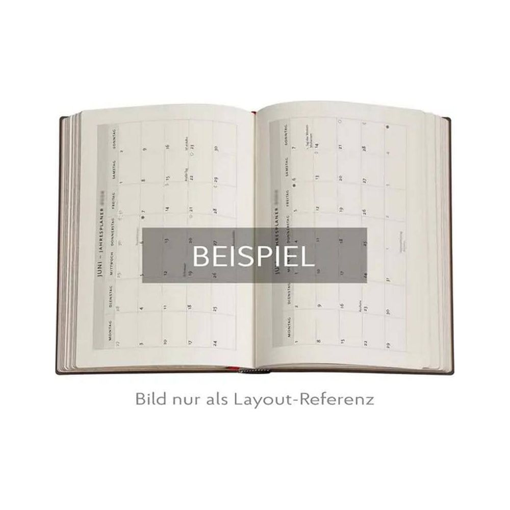 Ein geöffnetes Notizbuch mit Kalenderseiten und dem Wort BEISPIEL.