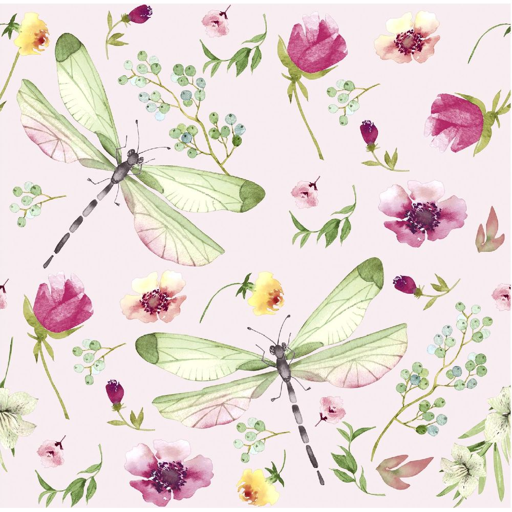 Zwei Libellen zwischen zarten Blumen und Beeren auf rosa Hintergrund.