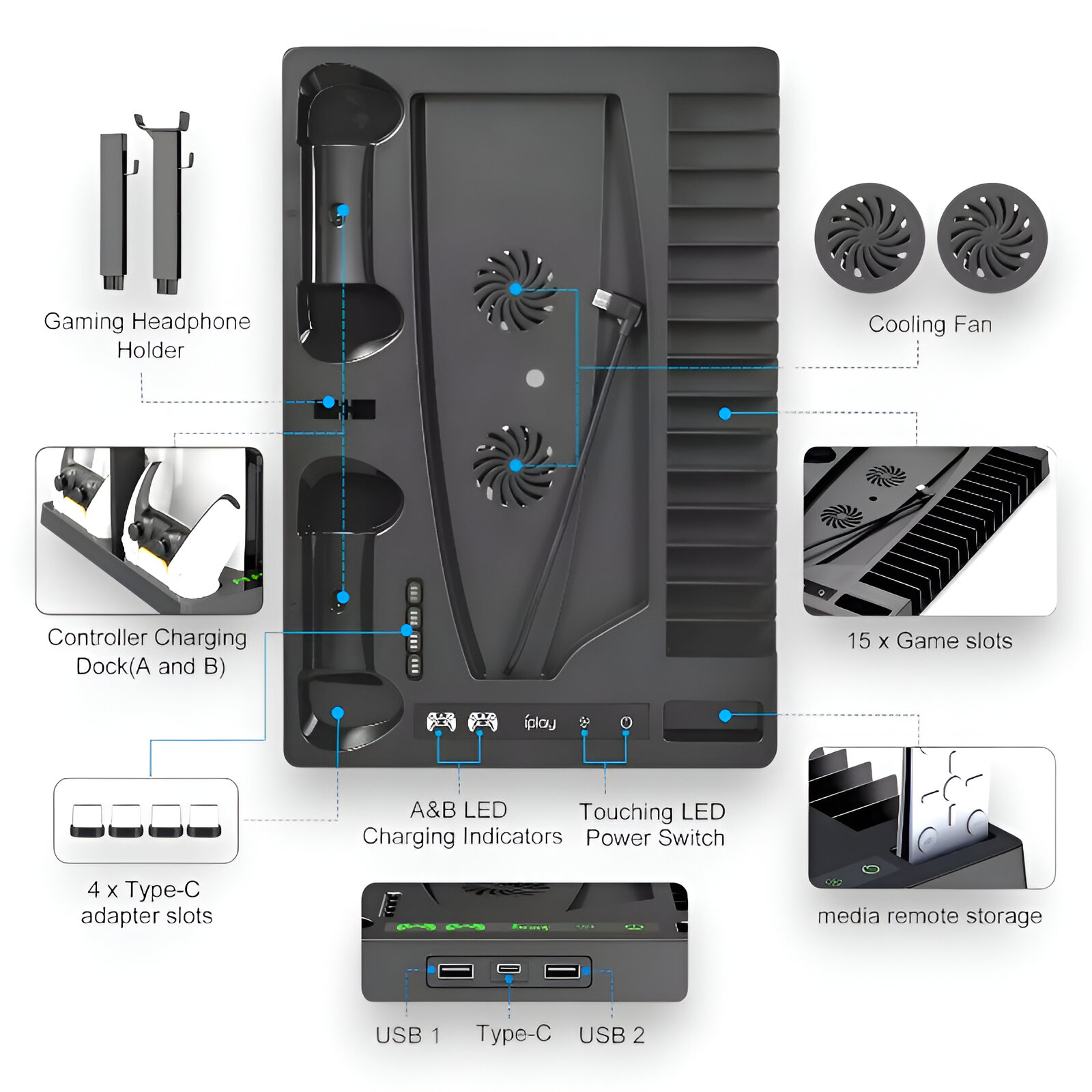 Una base de carga negra con ventiladores, base para mando, soporte para auriculares, ranuras de juegos y puertos USB.