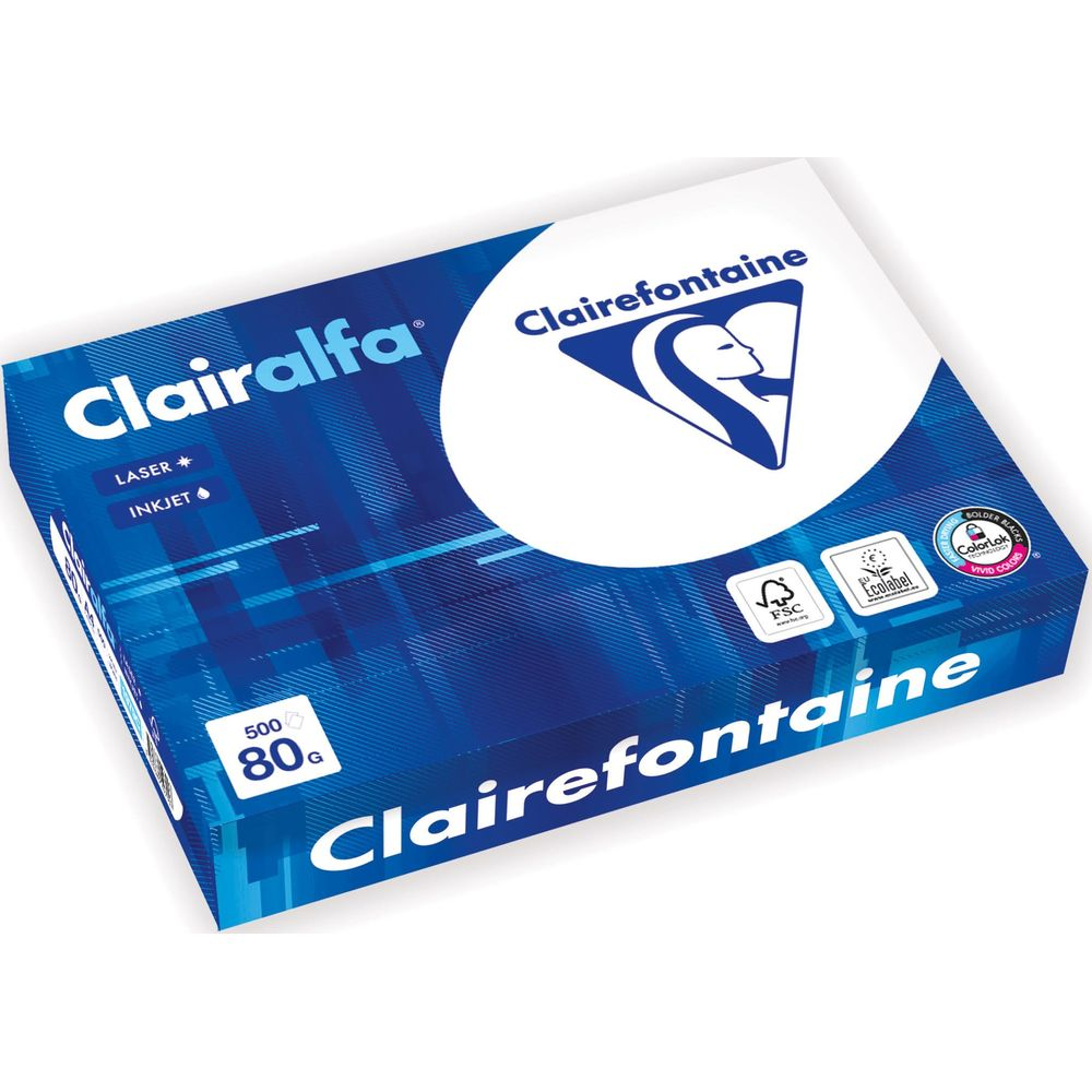 Un paquet de papier Clairefontaine marqué Clairalfa, 500 feuilles, 80g.