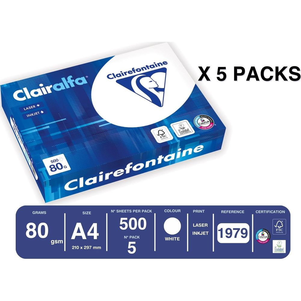 Cinq paquets de papier blanc Clairefontaine A4 80 g/m², 500 feuilles par paquet.