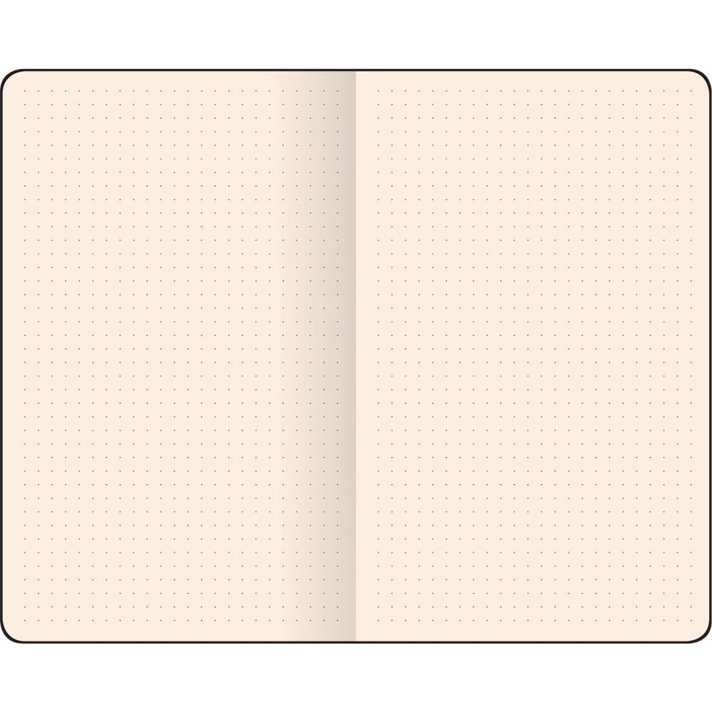 Un taccuino aperto con pagine puntinate, beige chiaro con puntini neri.