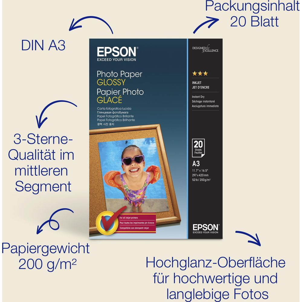 Epson Fotopapier Glossy A3, 20 Blatt, mit Bild eines lachenden Kindes.