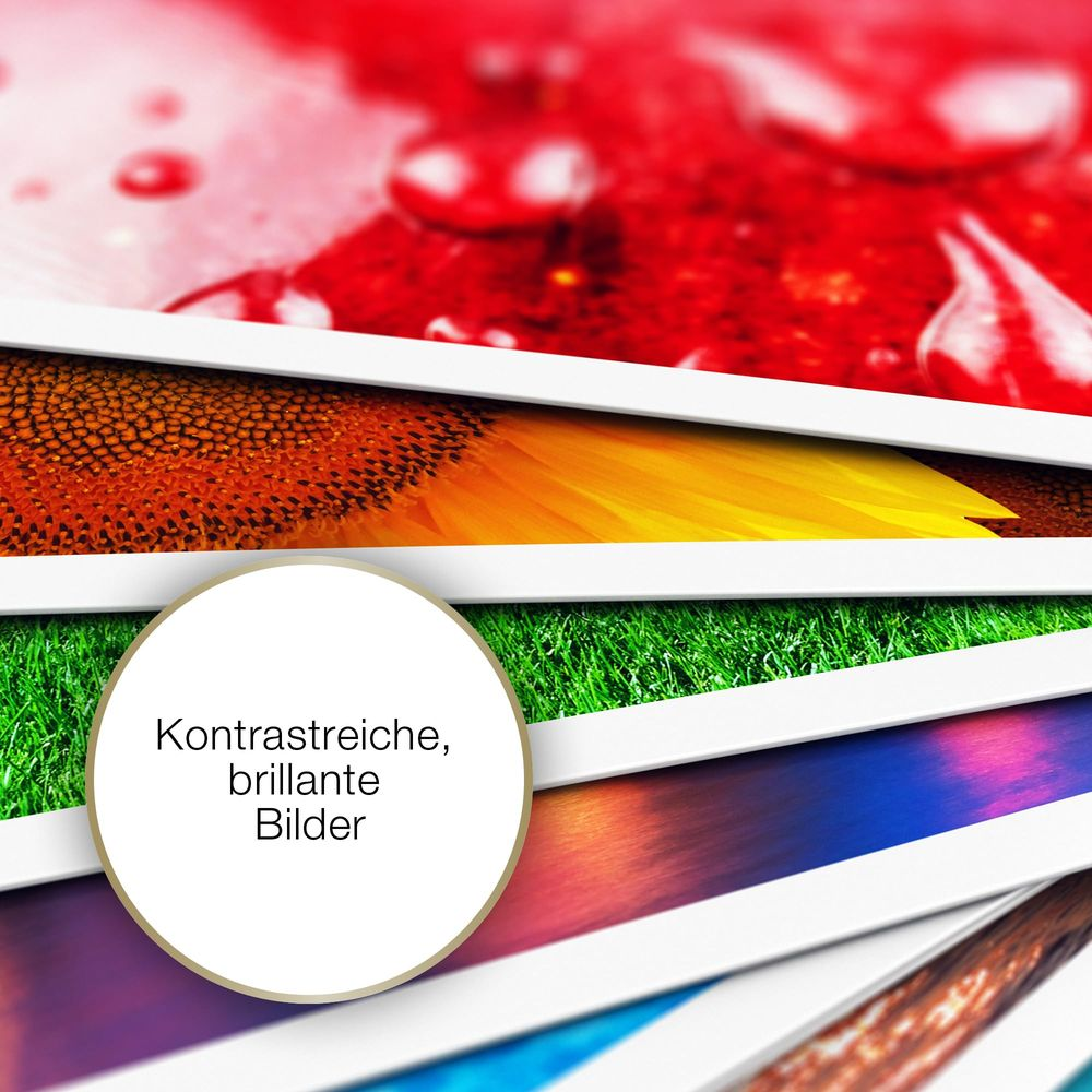 Stapel lebendiger Fotos: rote Tropfen, Sonnenblume, Gras und abstrakte Farben.