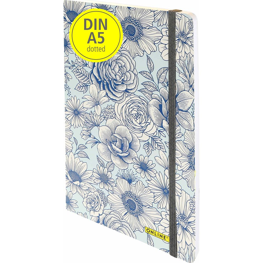 A5 Notizbuch mit blau-weißem Blumenmuster und gelbem Kreis mit 'DIN A5 dotted'.