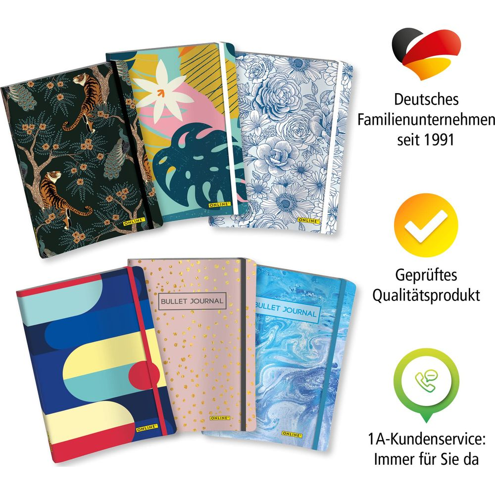 Sechs Notizbücher mit verschiedenen Designs: Tiger, Palmenblatt, Blumen, geometrisch, Goldpunkte, Marmor.