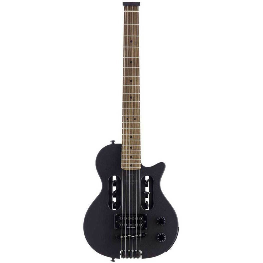 Ahşap klavyeli ve gümüş tellerli siyah elektrikli seyahat gitarı.