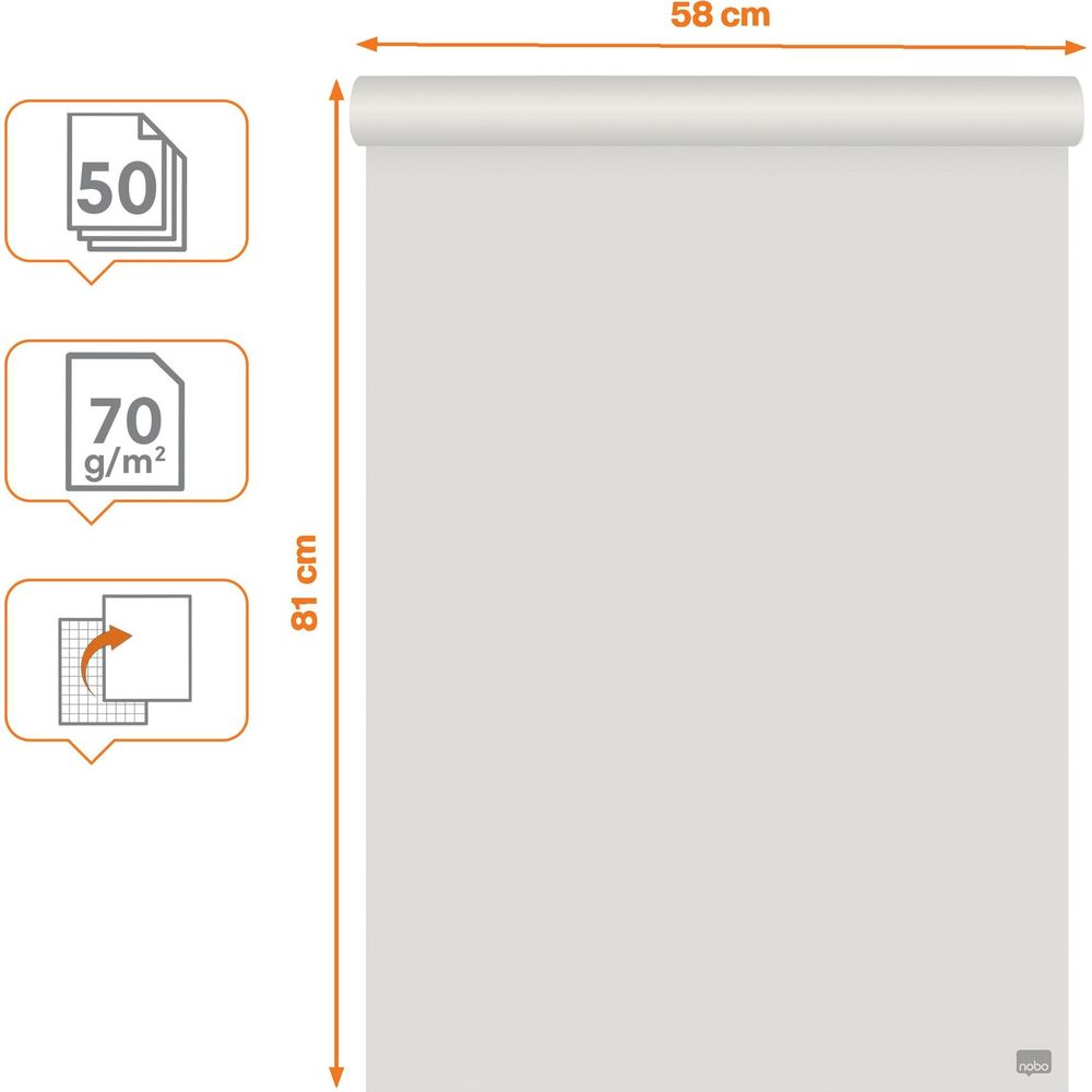 Eine weiße Papierrolle, 58 cm breit und 81 cm hoch, mit Symbolen für 50 Blatt und 70 g/m².