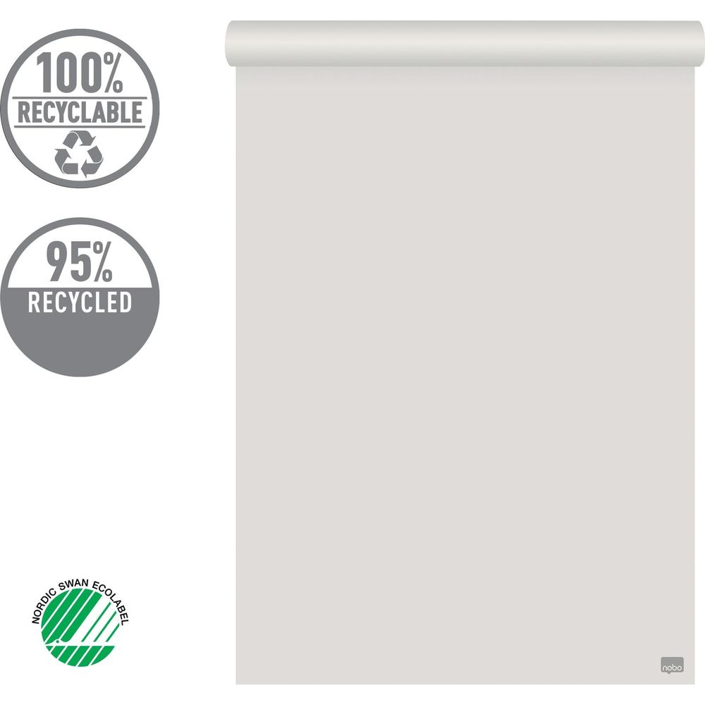 Eine weiße Schreibtafelrolle mit Umweltzeichen und Recycling-Symbolen.