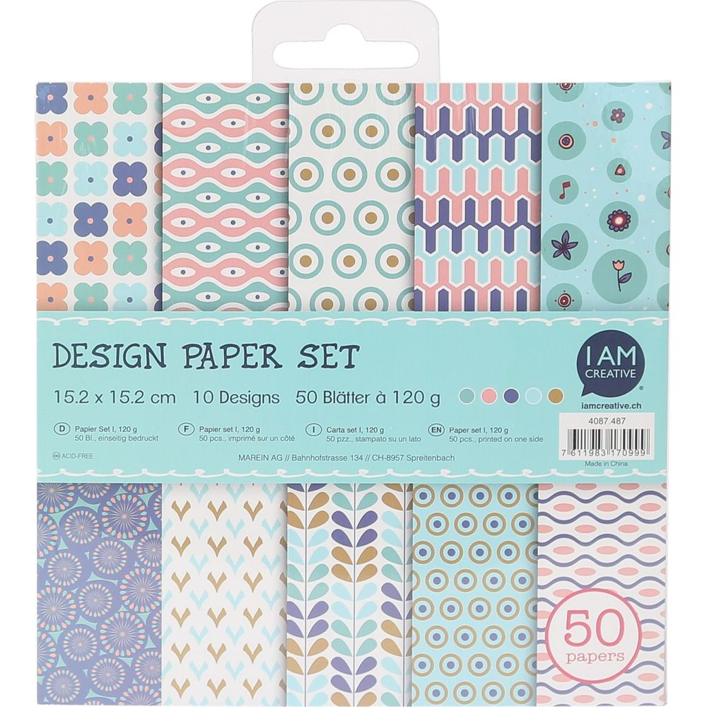 Designpapier-Set mit 10 Motiven, 15,2x15,2cm, 50 Blatt à 120g.