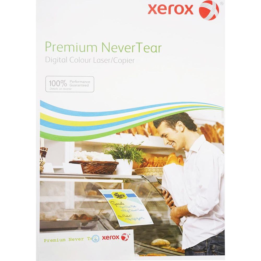 Mann kauft Gebäck in einer Bäckerei; oben ist ein Xerox-Produkt.
