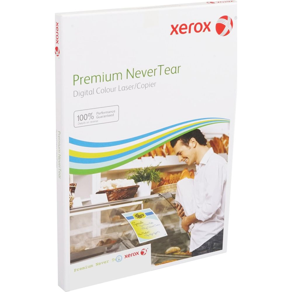 Verpackung für Xerox Premium Never Tear Papier mit Bäcker und Auslage.