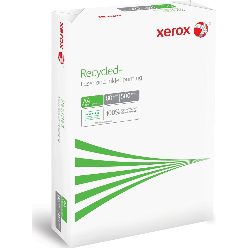Eine Schachtel Xerox Recycled+ Papier mit grünen Linien.