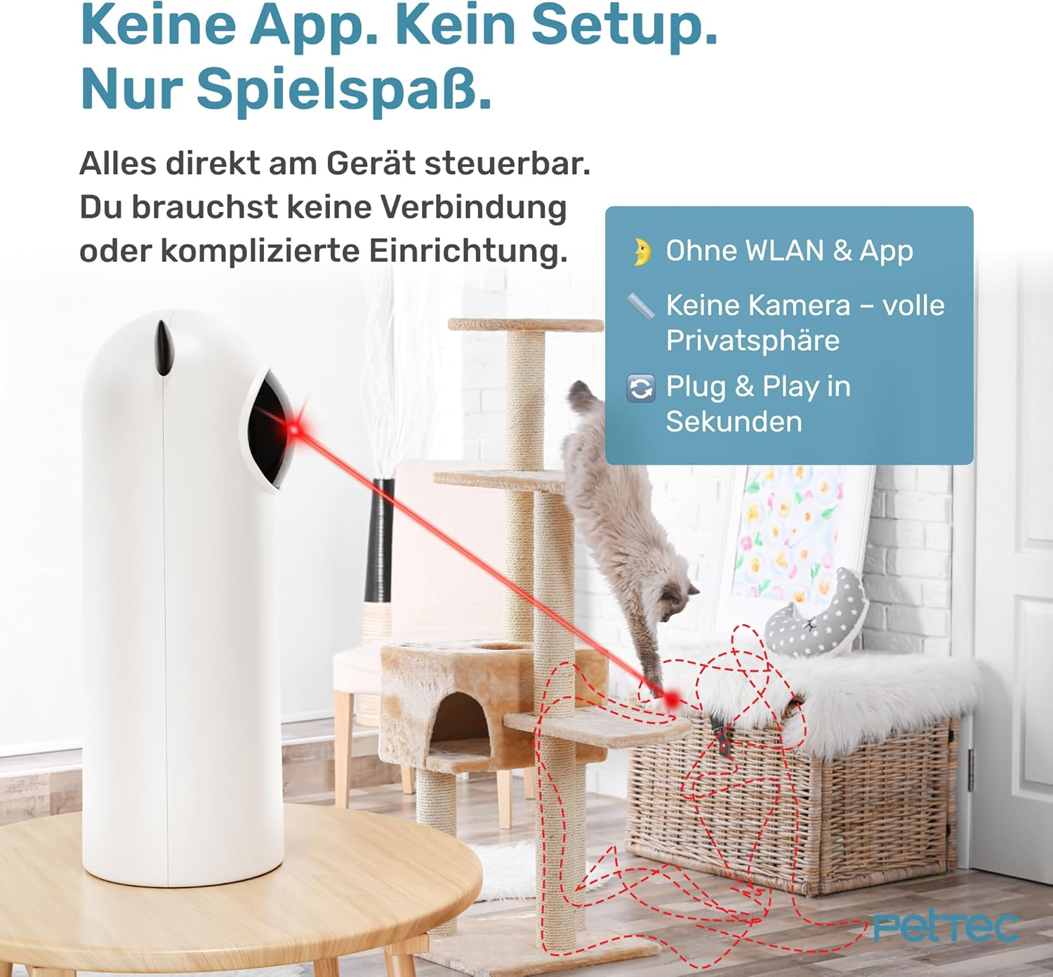 Ein weißer Katzenspielzeug-Laserprojektor schießt einen roten Laserstrahl auf eine Katze.