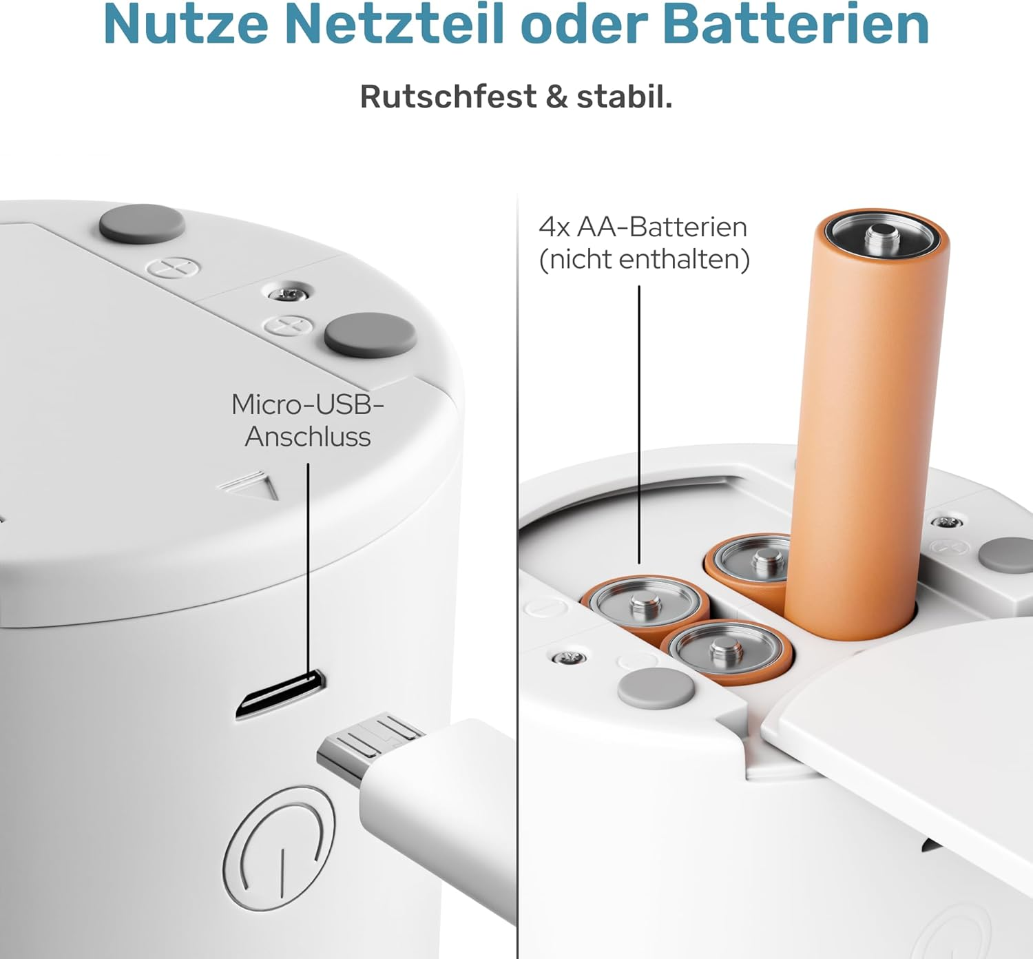 Nahaufnahme eines weißen Geräts mit Micro-USB-Anschluss und Batteriefach für AA-Batterien.