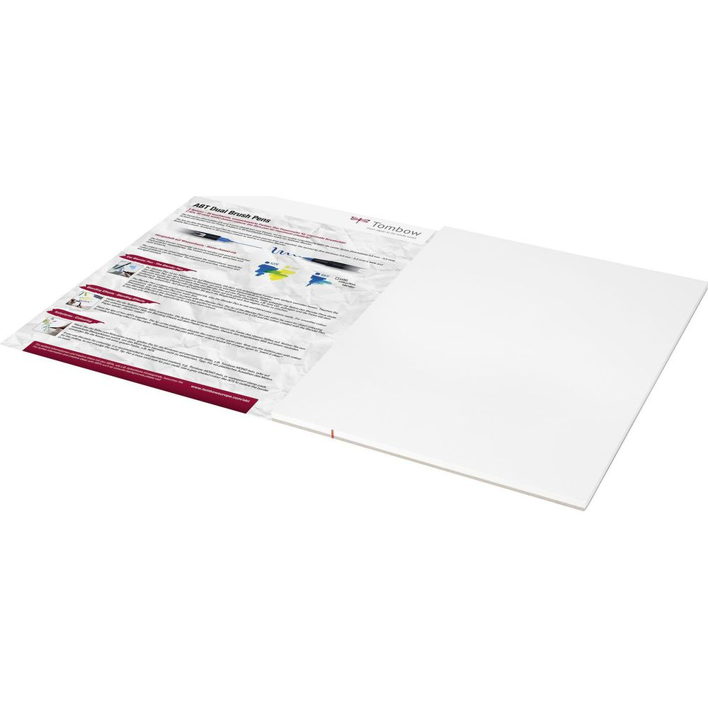 Un foglio di carta con informazioni sulle penne Tombow ABT Dual Brush e una superficie bianca.