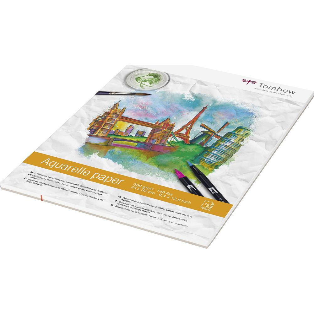 Carta acquerello con illustrazioni di monumenti, logo Tombow e pennelli.