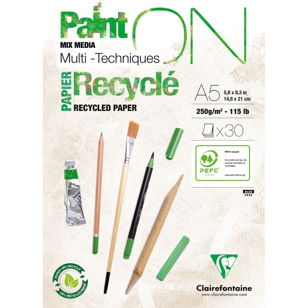 A5-Papier mit Malutensilien: Tube, Bleistift, Pinsel, Stifte, Kreide.