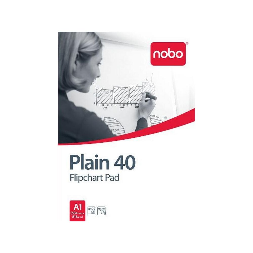 Frau zeichnet Diagramme auf Flipchart. Nobo-Logo oben rechts.