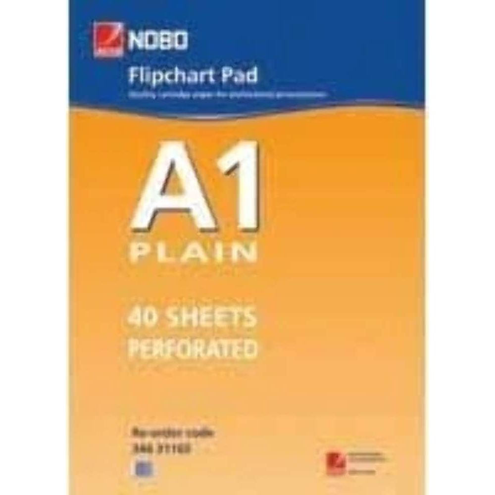 Nobo A1 glattes Flipchart-Block, 40 Blatt, perforiert. Blaue und orangefarbene Verpackung.