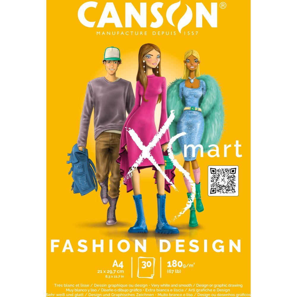 Drei Modefiguren posieren vor einem gelben Hintergrund mit CANSON-Logo.
