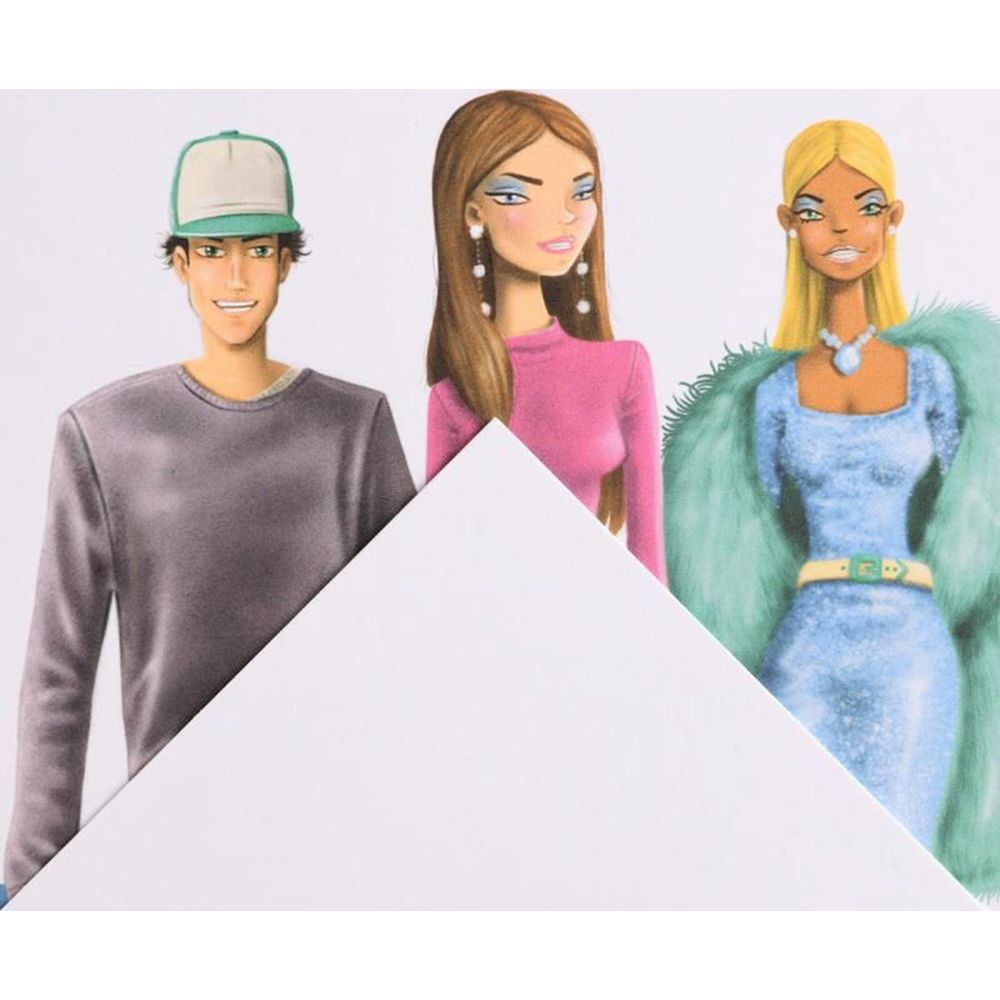 Drei illustrierte Figuren: Mann mit Kappe, Frau in Pink, Frau in Blau mit Pelz.