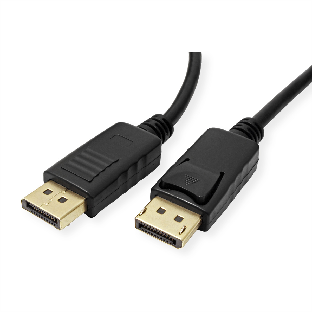 Zwei schwarze DisplayPort-Kabel mit goldenen Steckern auf weißem Hintergrund.