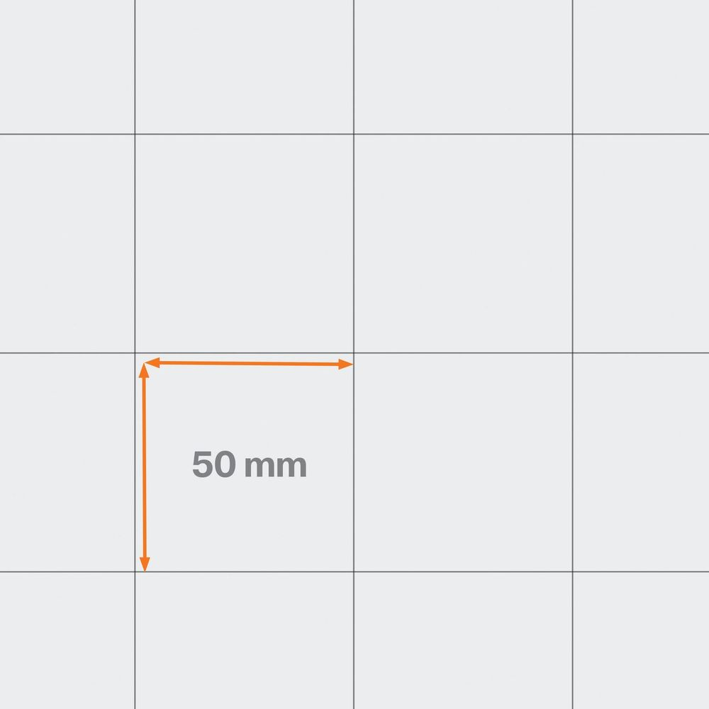 Ein weißer Gitterhintergrund mit einer 50-mm-Messung, die durch orangefarbene Pfeile angezeigt wird.