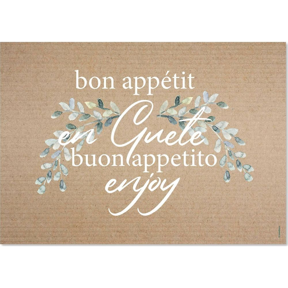 Text 'bon appétit', 'en Guete', 'buon appetito', 'enjoy' auf braunem Hintergrund.