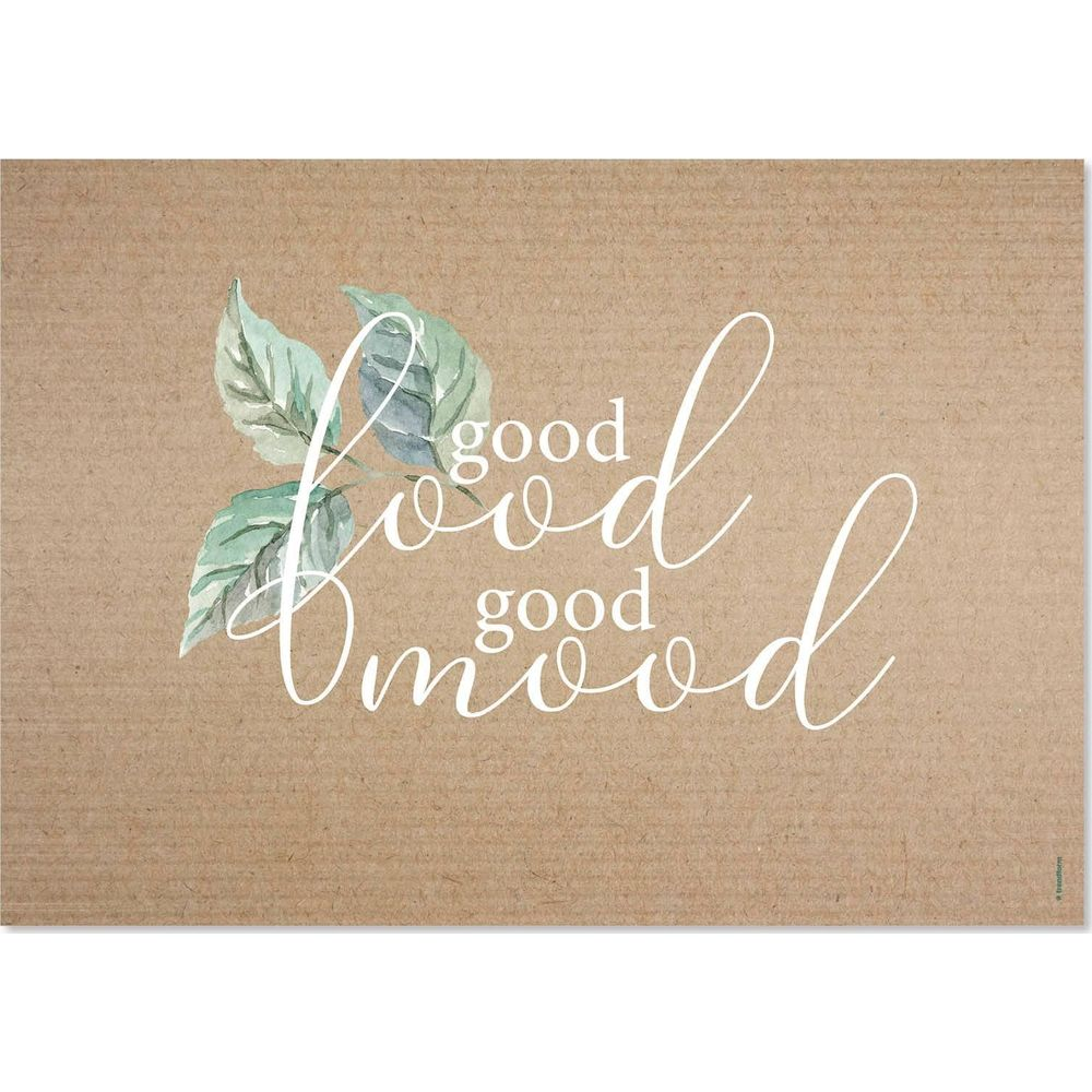 Grüne Blätter neben der Aufschrift "good good mood" auf braunem Hintergrund.