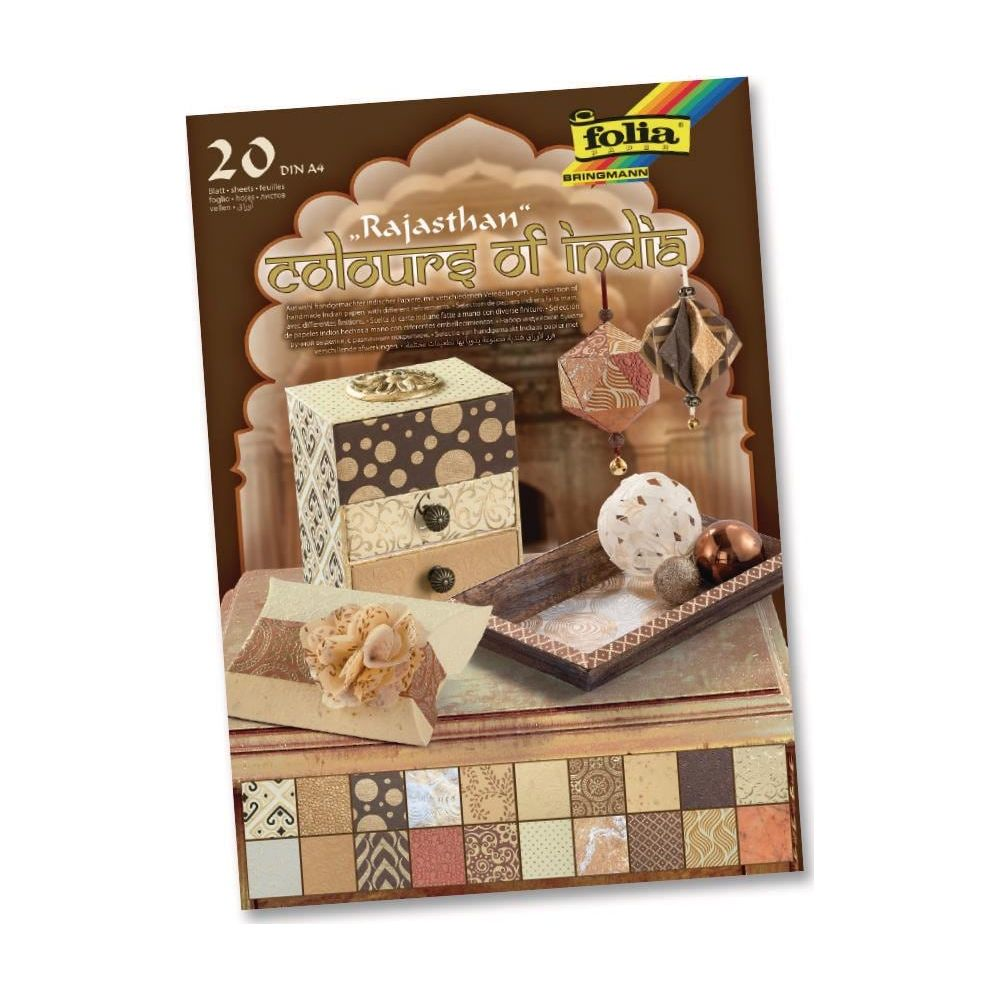 Dekopapier-Set "Colours of India" mit kleinen Schachteln und Hängeornamenten.