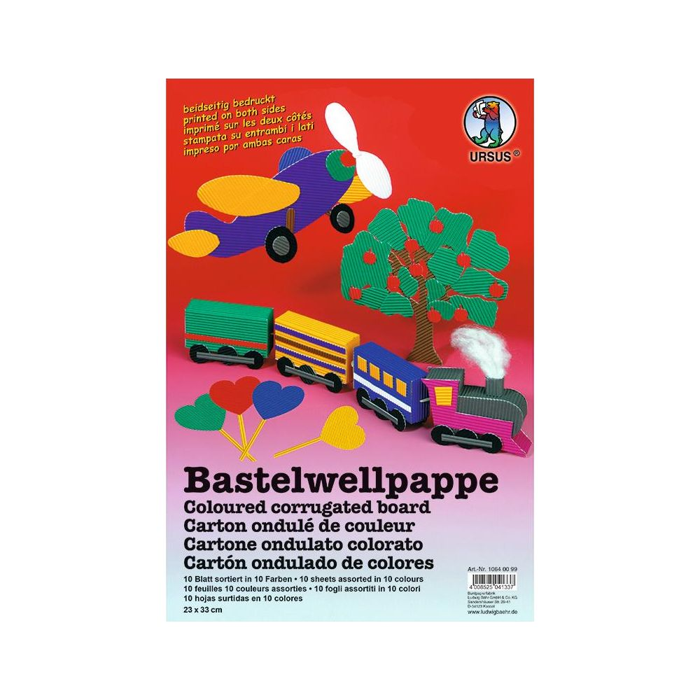 Bunte Wellpappe: Flugzeug, Zug und Baum mit Äpfeln. Packungsbeschreibung.