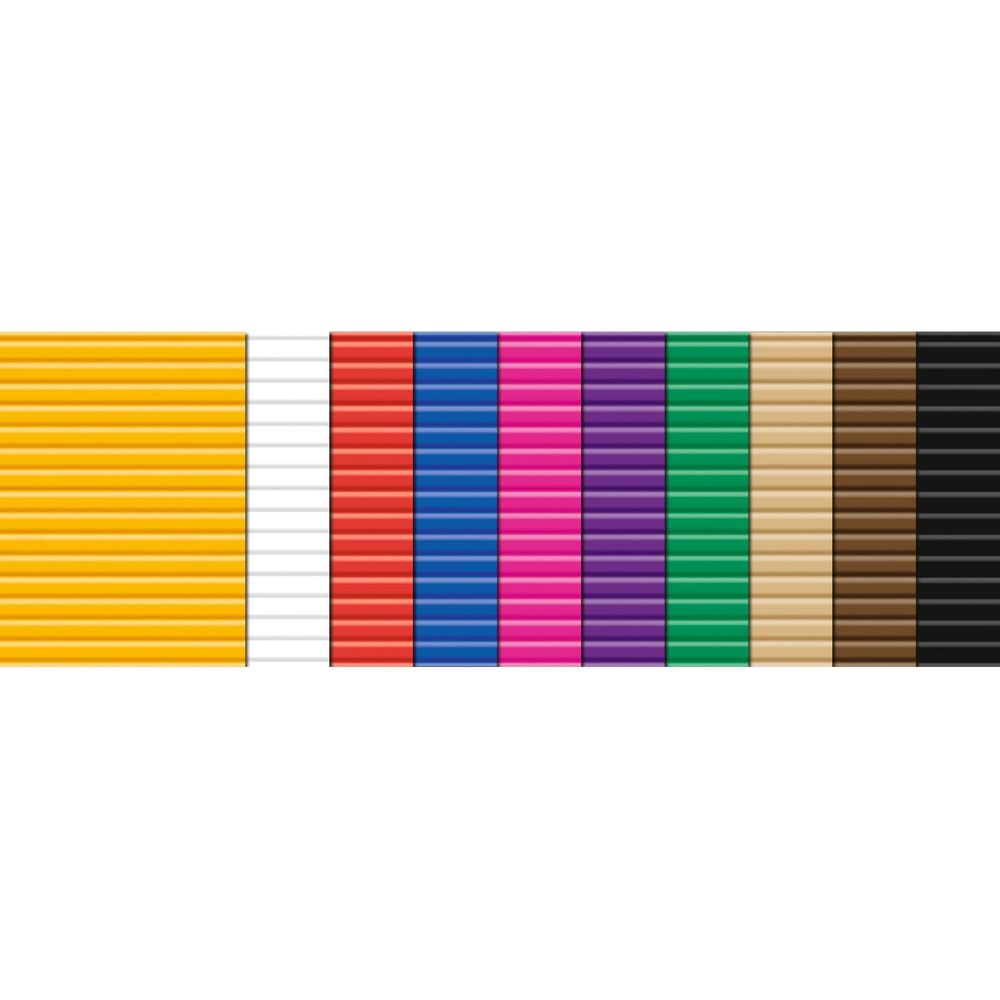 Reihe farbiger Wellblechpaneele: Gelb, Weiß, Rot, Blau, Pink, Lila, Grün, Hellbraun, Braun, Schwarz.