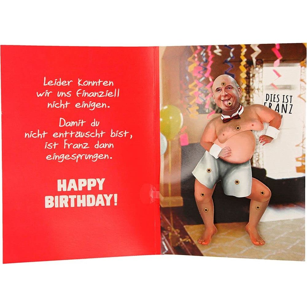 Eine Geburtstagskarte mit Text und einem Bild von Franz, der sich als Geschenk verkleidet hat.