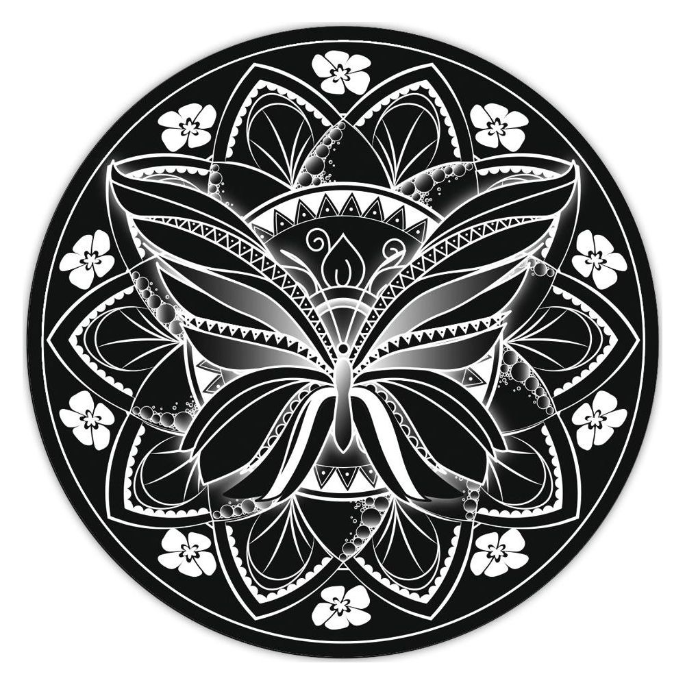 Schwarzer Mandala-Kreis mit Schmetterlingsmuster und Blumen.