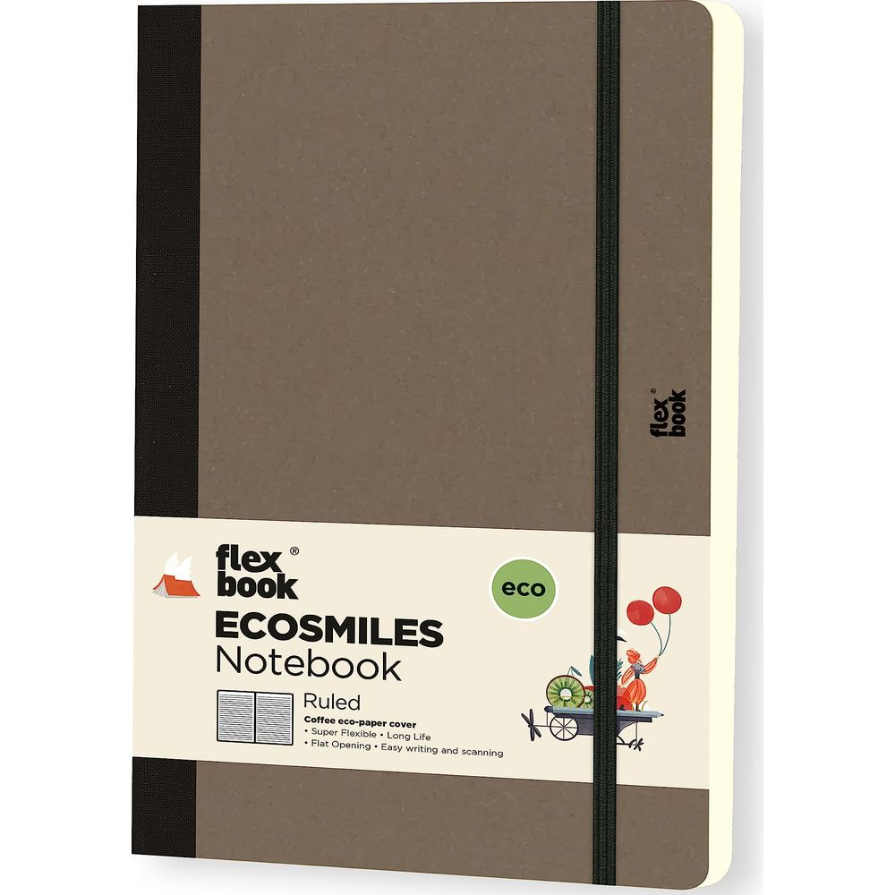 Taccuino marrone flexbook Ecosmiles pagine a righe, copertina eco-carta, elastico.