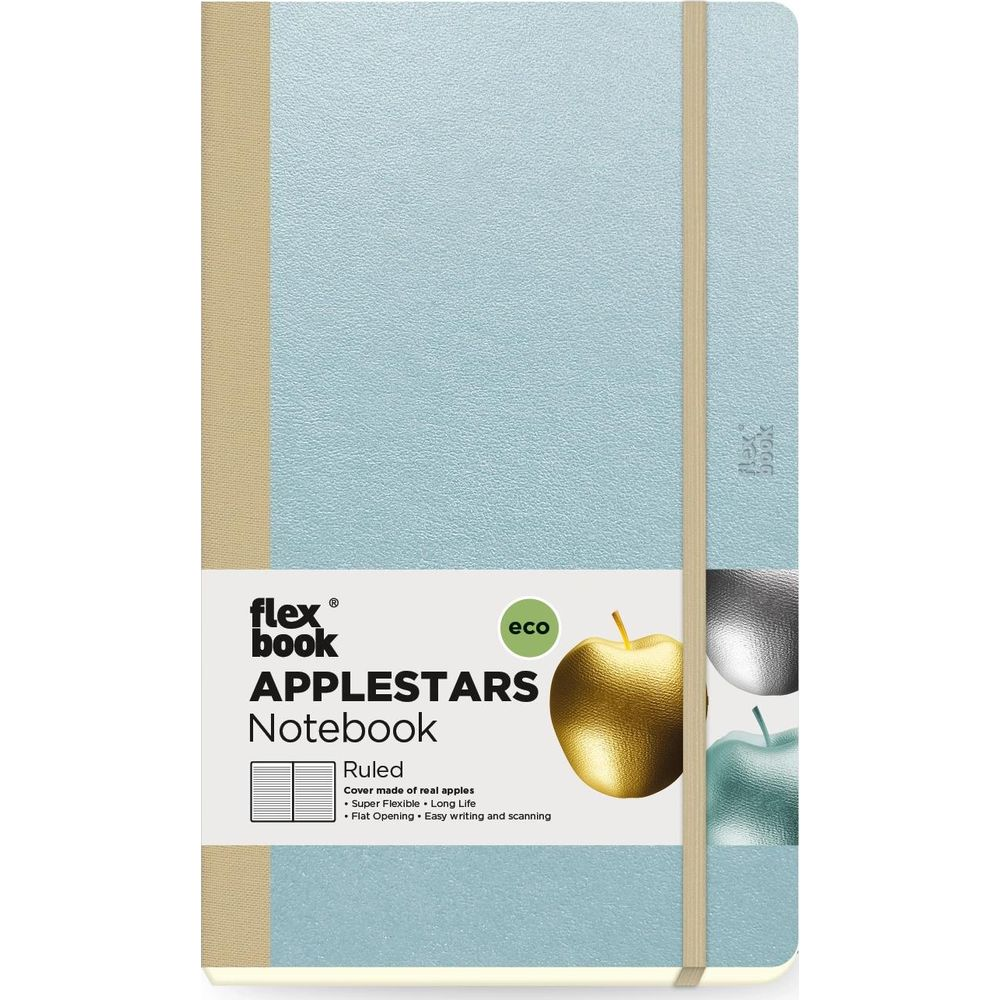Hellblaues Notizbuch mit hellbraunem Rücken. Mit goldener Apfelgrafik und Text.